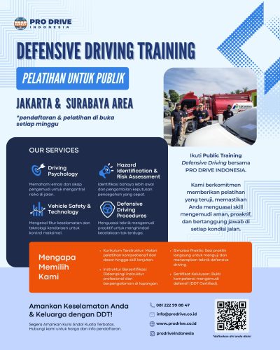 Flyer Defensive Driving Training Pro Drive Indonesia yang membuka kelas setiap minggu di Jakarta dan Surabaya