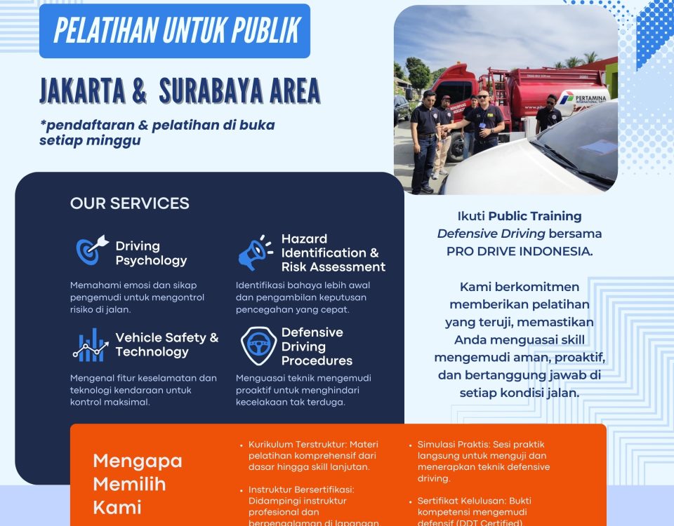 Flyer Defensive Driving Training Pro Drive Indonesia yang membuka kelas setiap minggu di Jakarta dan Surabaya