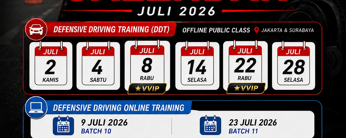 Training Calendar Juli 2026 Pro Drive Indonesia menampilkan jadwal Public Class Defensive Driving Training (DDT), VVIP Driver Development Program yang menggabungkan Defensive Driving Training dan Service Excellence, Defensive Driving Online Training, serta Pelatihan & Sertifikasi Kementerian Perhubungan Handling Dangerous Goods for The Driver (Angkutan Barang Berbahaya/ABB). Program tersedia di Jakarta dan Surabaya serta dapat diselenggarakan sebagai In House Training di seluruh Indonesia.