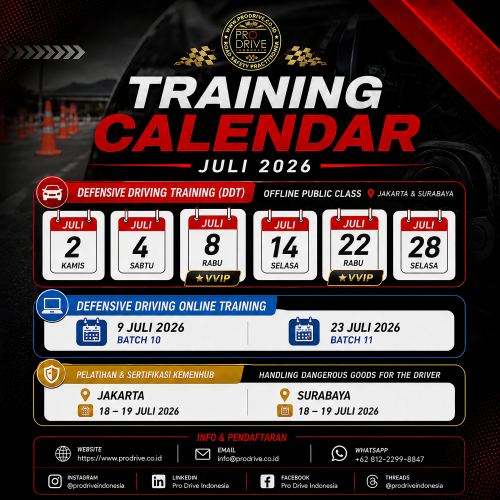 Training Calendar Juli 2026 Pro Drive Indonesia menampilkan jadwal Public Class Defensive Driving Training (DDT), VVIP Driver Development Program yang menggabungkan Defensive Driving Training dan Service Excellence, Defensive Driving Online Training, serta Pelatihan & Sertifikasi Kementerian Perhubungan Handling Dangerous Goods for The Driver (Angkutan Barang Berbahaya/ABB). Program tersedia di Jakarta dan Surabaya serta dapat diselenggarakan sebagai In House Training di seluruh Indonesia.